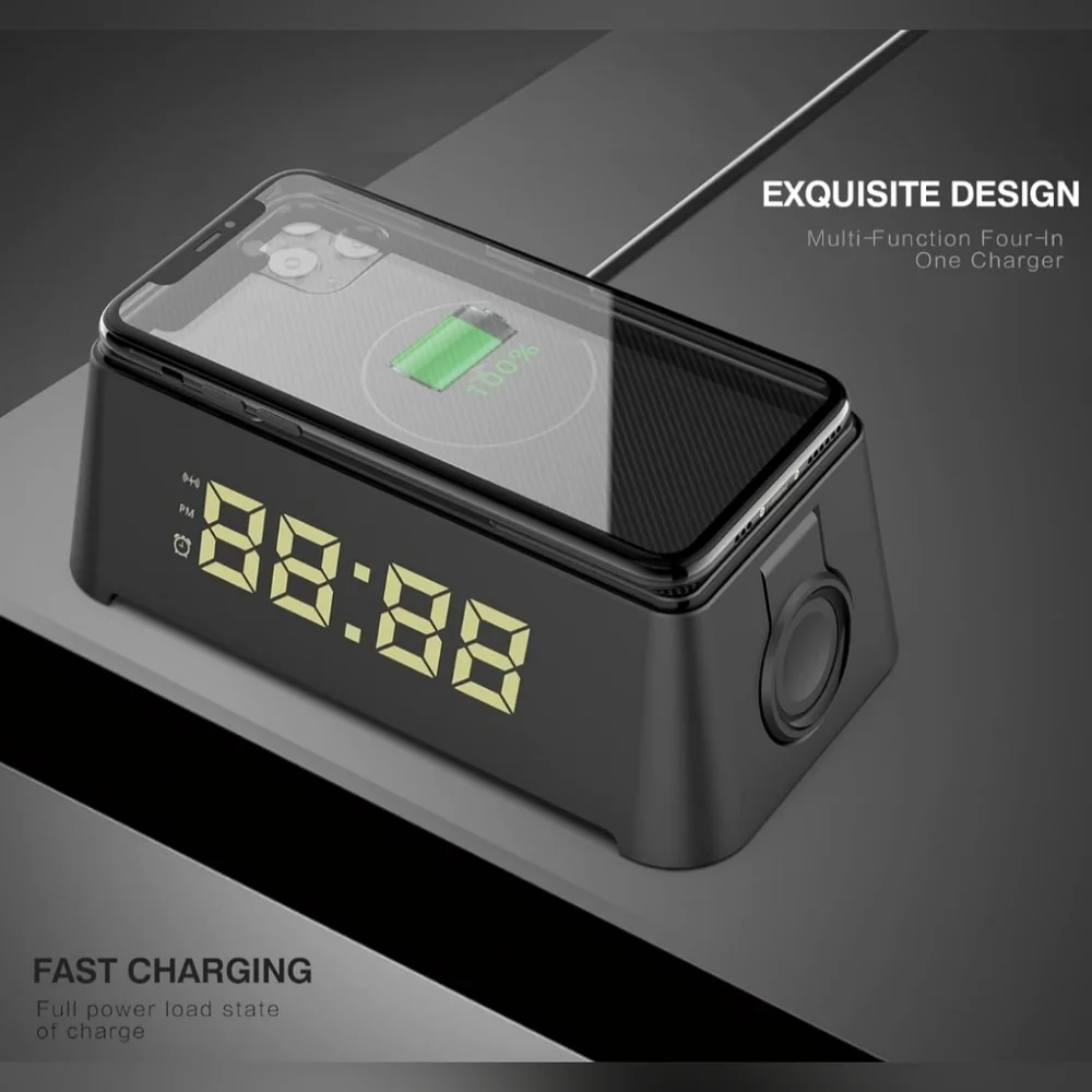 Black LED Clock with Wireless Charger